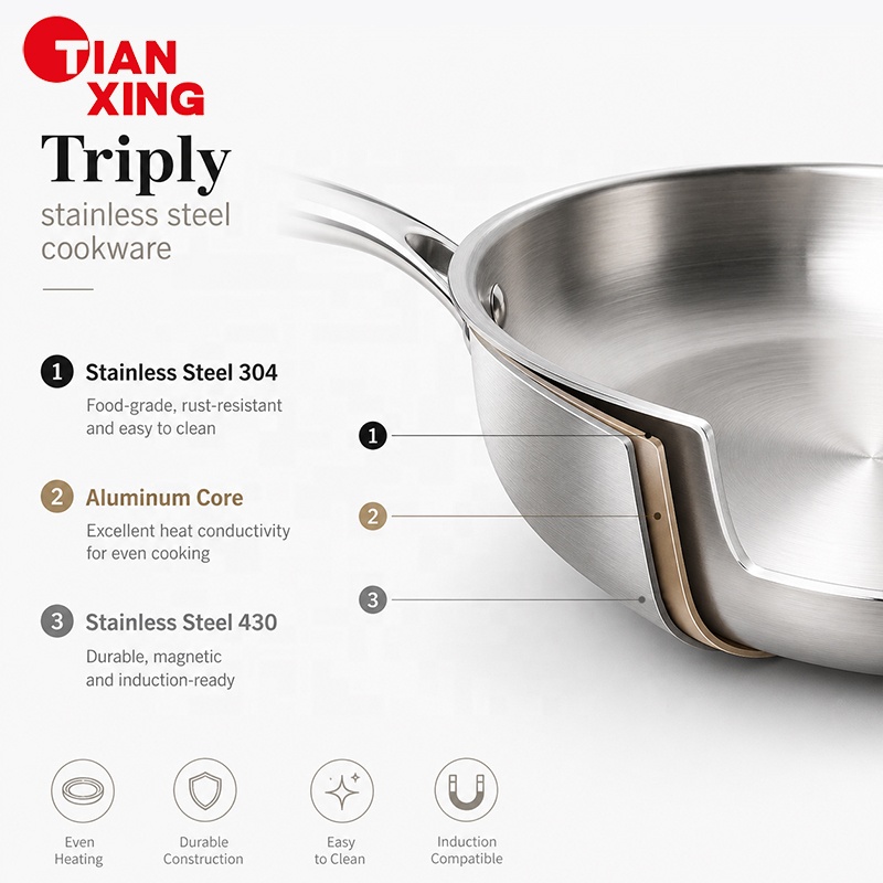 TIANXING 5 Ply Stainless Steel Cookware Set Premium Fully Clad Multi Ply Pots and Pans Heavy Duty Professional Restaurant Supply