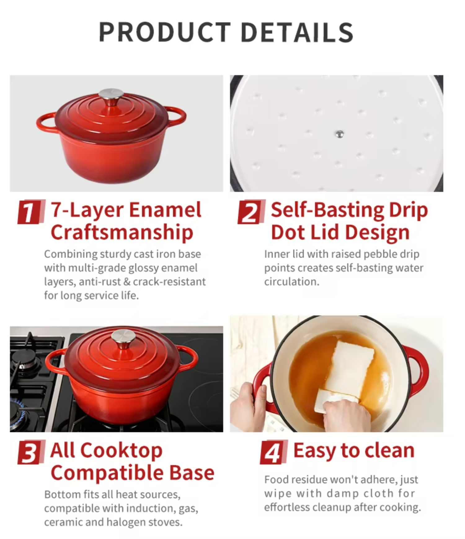Factory Price Kitchen Restaurant Cooking Cookware 18/20/22/24/26/28cm Red Color Enamel Cast Iron Dutch Oven Soup Pot Casserole