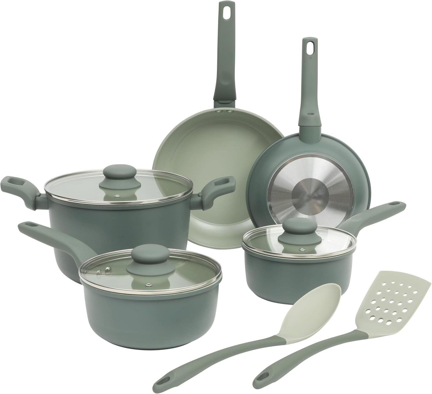 ODM/OEM 10-Piece Classic Forged Non-Stick Aluminum Cookware Set Glass Cover Soft Touch Plastic Handle PFAS/PFOA Healthy Durable