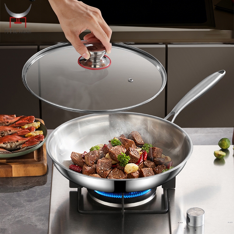 Tri-ply 304 Stainless Steel Non-stick Flat Pan Glass Lid Riveted Ergonomic Handle Stir Frying Steak Pot High Quality