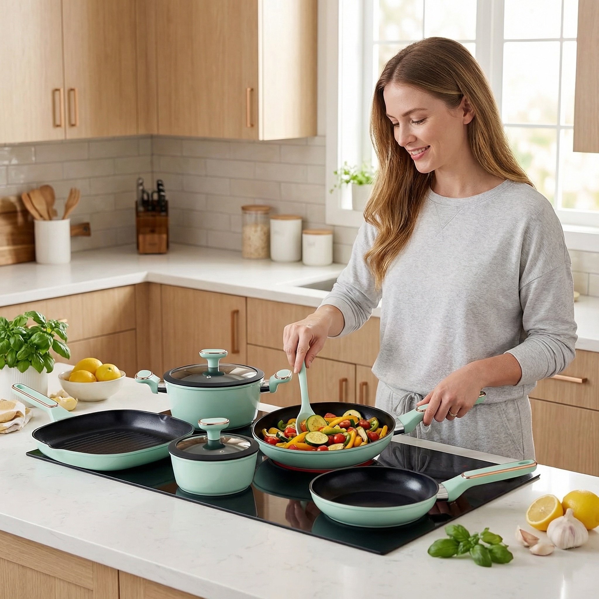 High Quality Ceramic Coating Cooking Pot Set Non Stick Glass Lid Silicone Handle Custom Kitchen Cookware Sets for Home Use