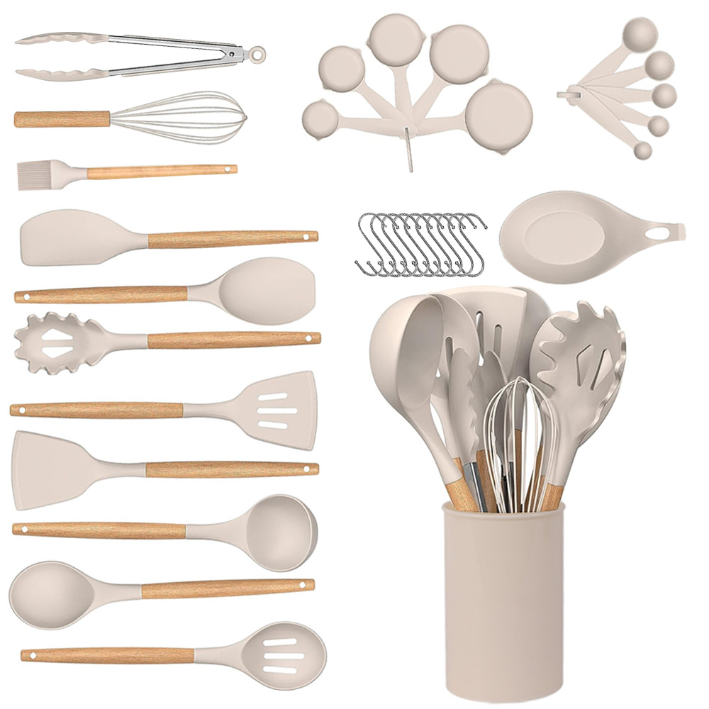Professional Custom 33 Pcs Silica Gel Non Stick Cooking Tool Cookware Set Silicone Kitchen Utensils Set With Wooden Handle
