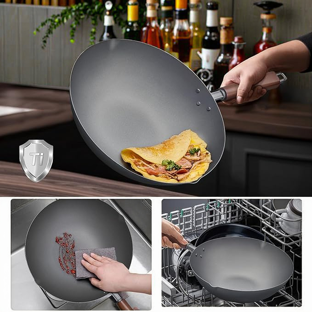 Customized Classic Pure Titanium Wok Pan Ultra-Light Stir-Fry Pan Wooden Handle Eco-Friendly Easy Clean Gas &amp; Induction Ready