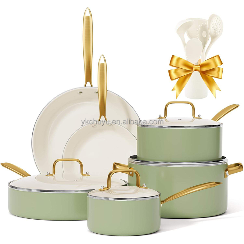 Professional Luxury Green 16pieces Gas German Aluminum Ceramic Non Stick Kitchen Pans Cookware Sets