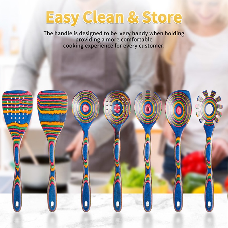 Blue Pakka Wood Utensils Set of 7 Eco-Friendly Kitchen Cookware with Acacia Wood Handle New Design