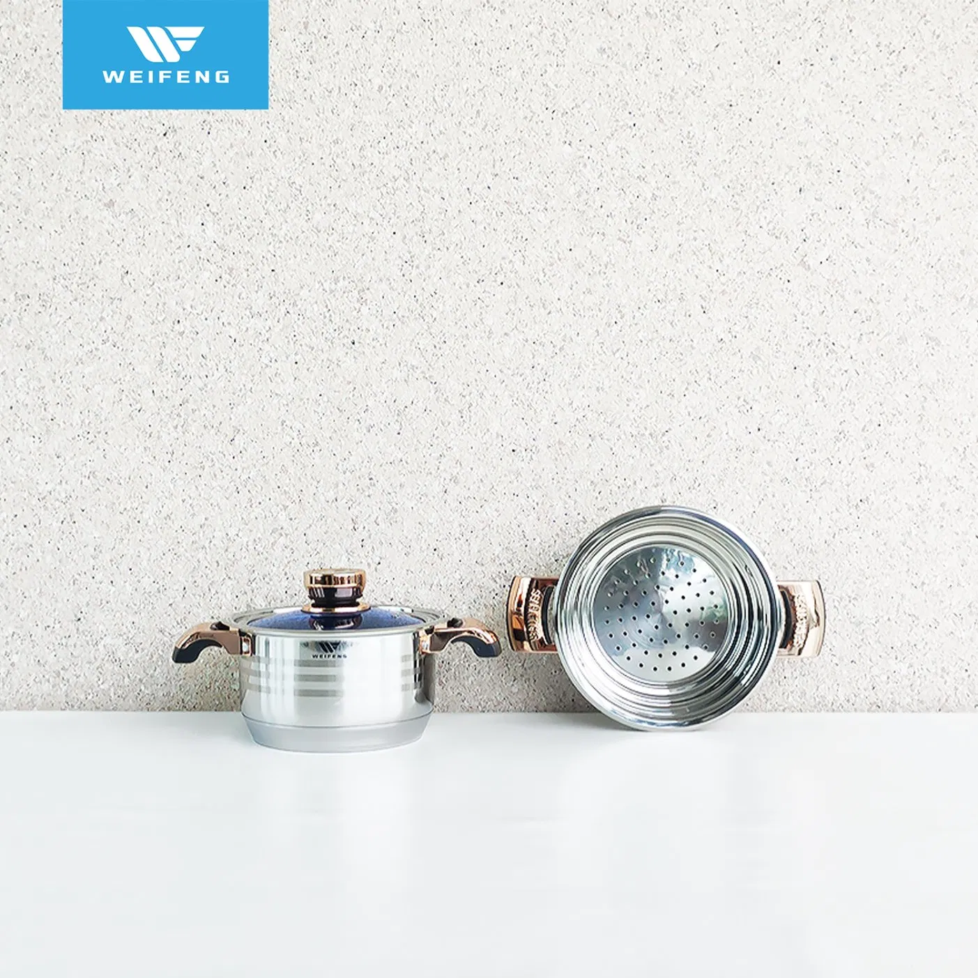 Wholesale Custom Wide Edge Stainless Steel Cookware Set with Gold-Plated Thermometer Knob