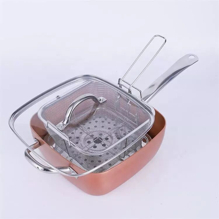 Copper-Color Aluminum Alloy Square Soup Pot Non-Stick Kitchen Soup Square Soup Pot Cookware with Basket