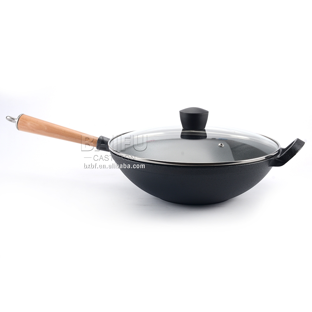 12" Wok with Helper Handle Large Wok Stir Fry Pan Flat Bottom with Wood Handle and Lid Cast Iron Wok Pan