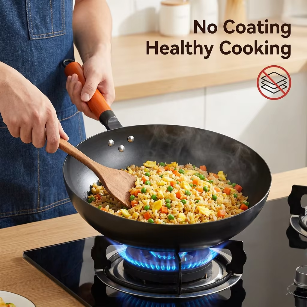 32cm 4.5L Carbon Steel 2.3mm Nitriding Interior Exterior Non-stick Bakelite Handle Gas Induction Eco-Friendly RoHS Wok Pan