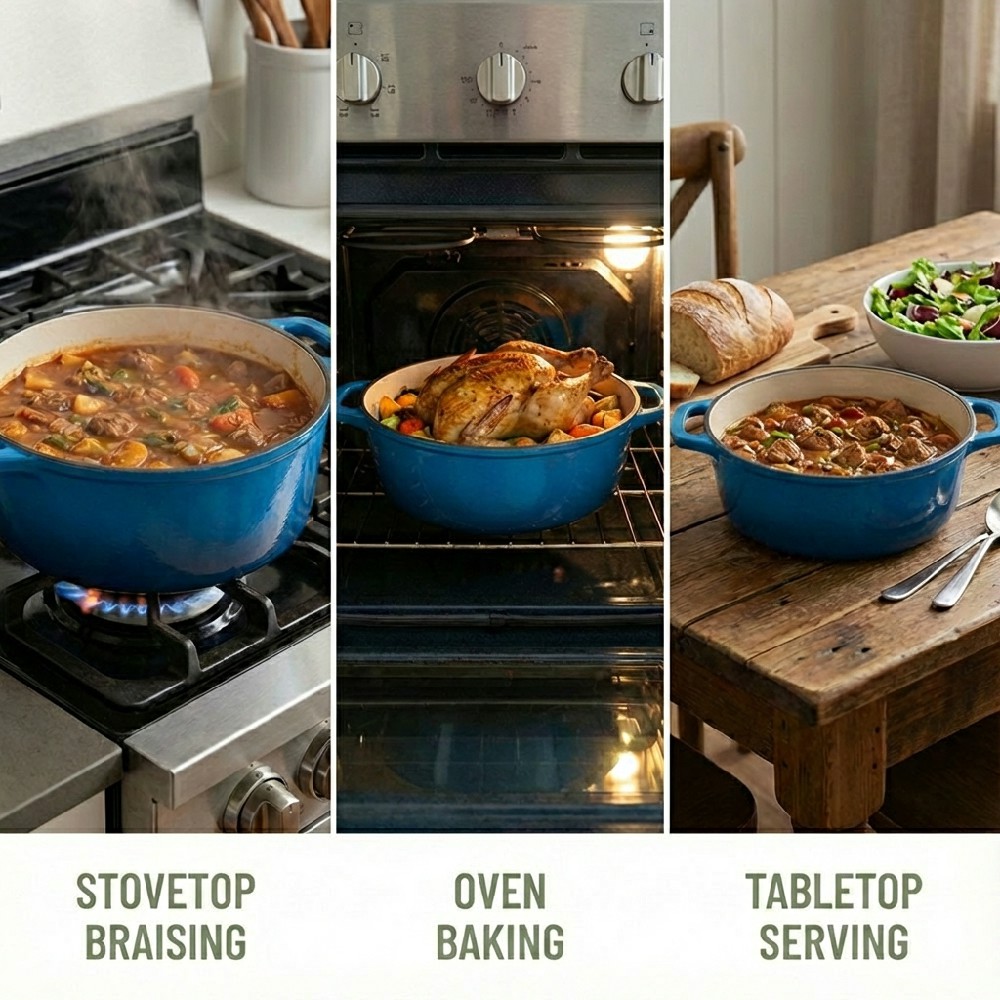 E-TOP Fashion Luxury Blue Enamel Cast Iron Cookware Dutch Ovens Pot with Lid Enameled Round Dual Handles Medium Size 6 Quart