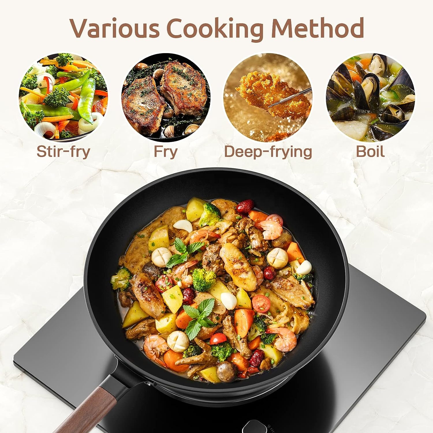 13-Inch Wholesale High Quality Stir-Fry Pans No Chemical Coated Cookware Carbon Steel Wok Pan Non-Stick With Lid Woks