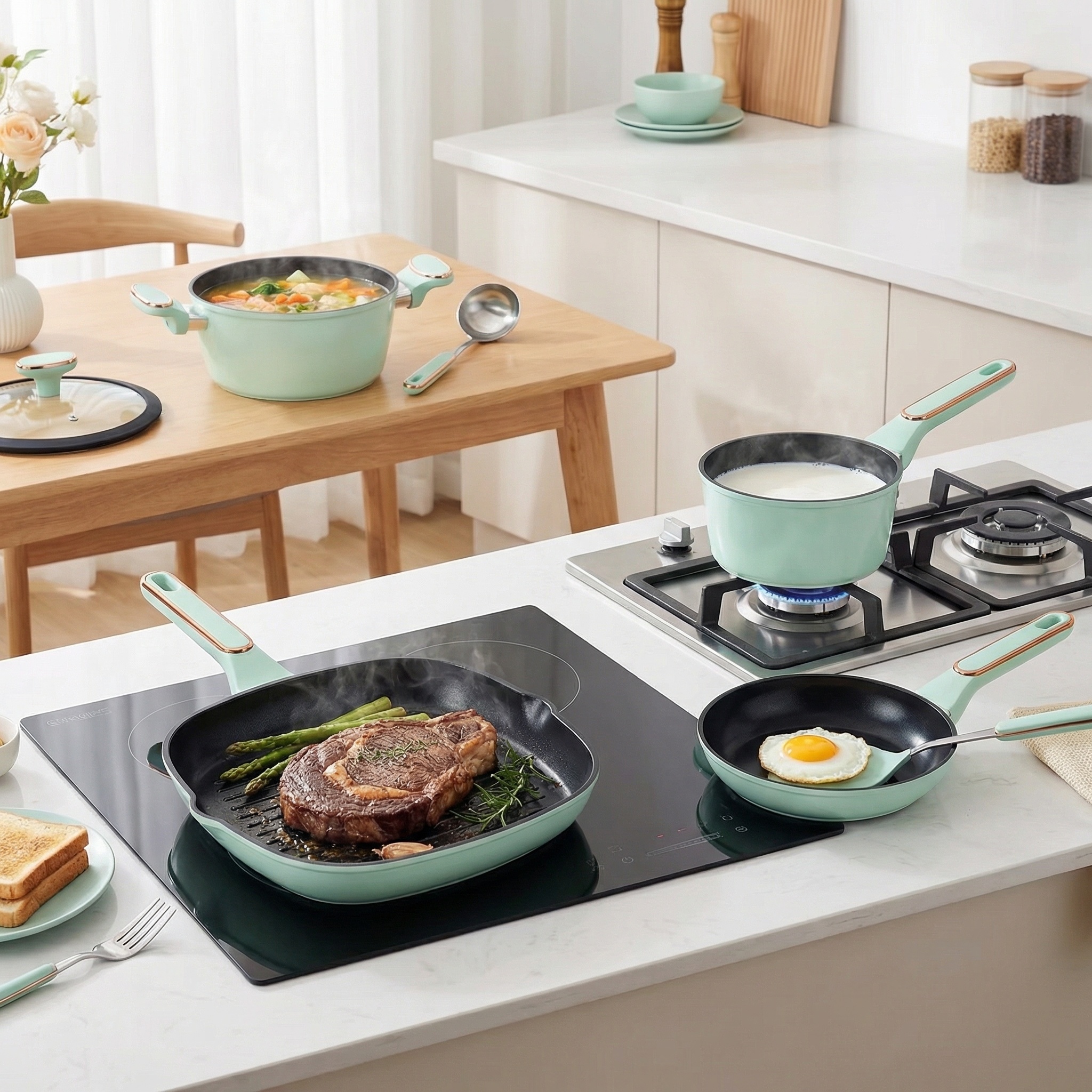 High Quality Ceramic Coating Cooking Pot Set Non Stick Glass Lid Silicone Handle Custom Kitchen Cookware Sets for Home Use