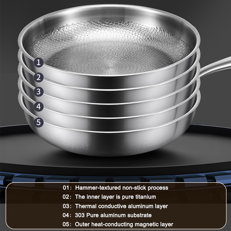 26/28/30cm No Coating Non Sticky Fry Pan Kitchen Cooking Food Grade Stainless Steel Titanium Hammered Frying Pan With Lid