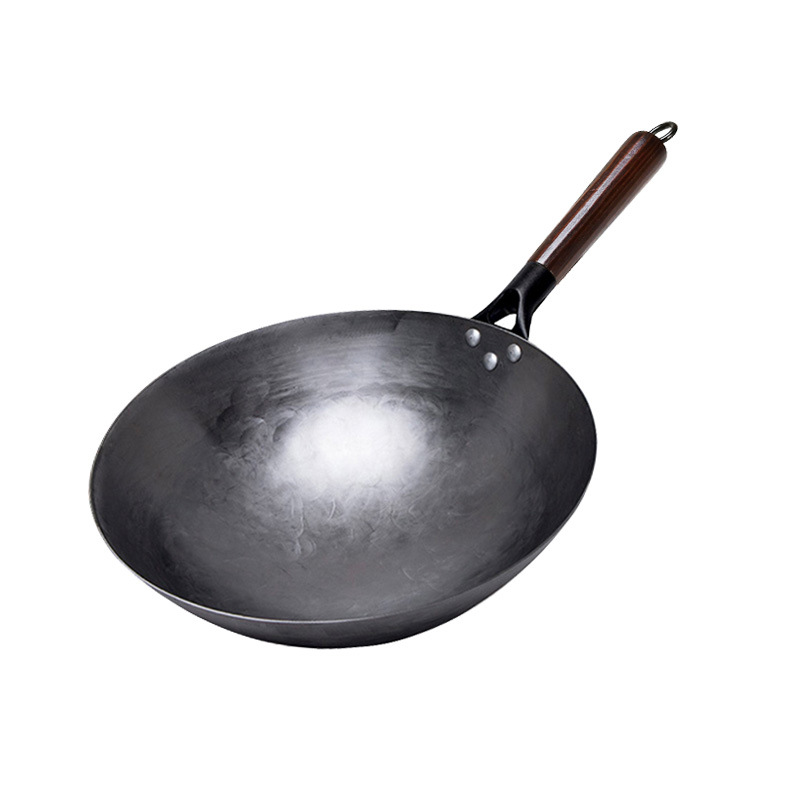 Wok Burner Traditional Authentic Hand Hammered Cast Iron Round Bottom Stir Fry Pans Wood Handle Wok Pan