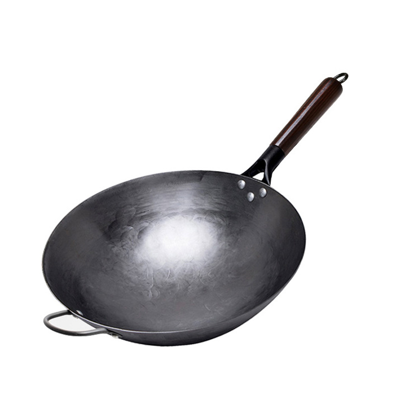 Wok Burner Traditional Authentic Hand Hammered Cast Iron Round Bottom Stir Fry Pans Wood Handle Wok Pan