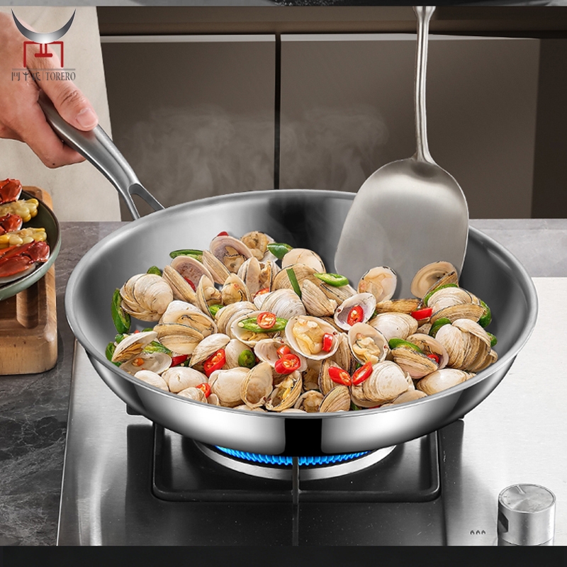 Tri-ply 304 Stainless Steel Non-stick Flat Pan Glass Lid Riveted Ergonomic Handle Stir Frying Steak Pot High Quality
