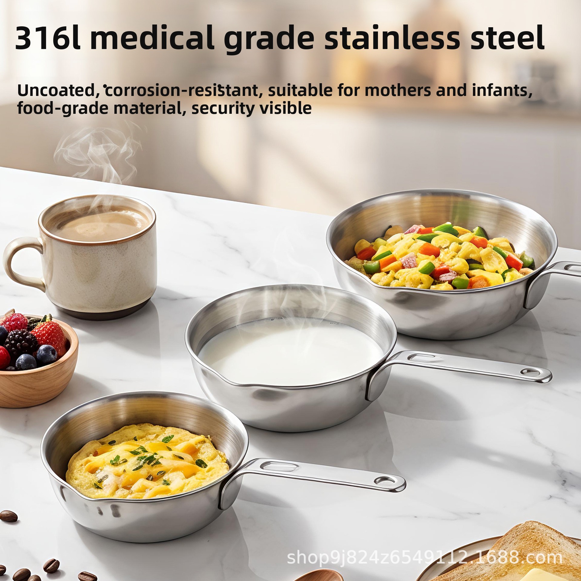 316L Stainless Steel Three-layer Bottom Modern Minimalist Design Non-coated Frying Pan for Home Use
