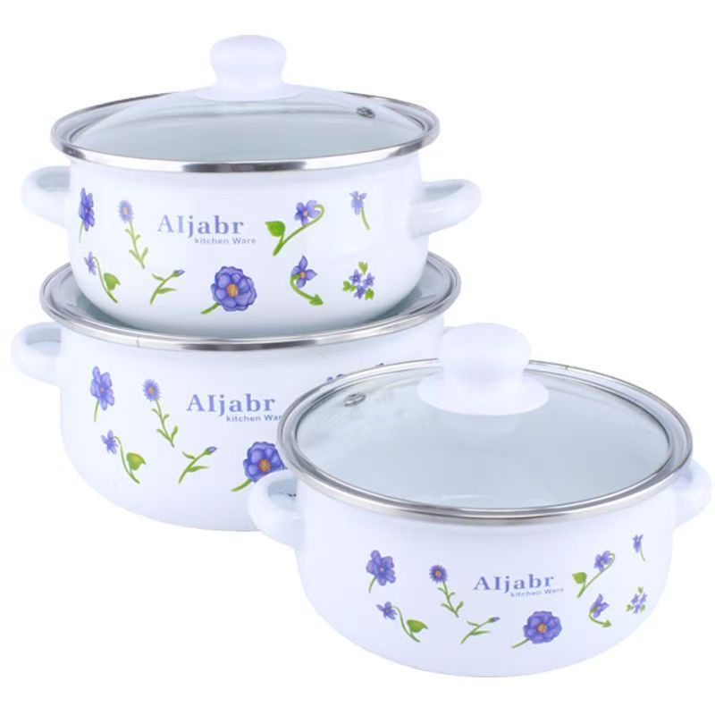 Classic Cast Iron Enamel Cookware Set with Glass Cover Composite Handles Induction Compatible Eco-Friendly for Camping &amp; Parties