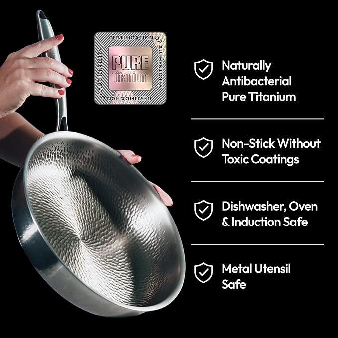 20/24/26/28cm Cooking Frying Pan Non-stick Triply TitaniumPan No Coating Hammer Pattern Titanium Pan with Lid