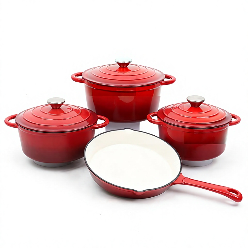 Luxury 7pcs Red Enamel Cast Iron Pot Dutch Oven Set Vibrant Color Multi-functional Kitchen Collection for Slow Cooking