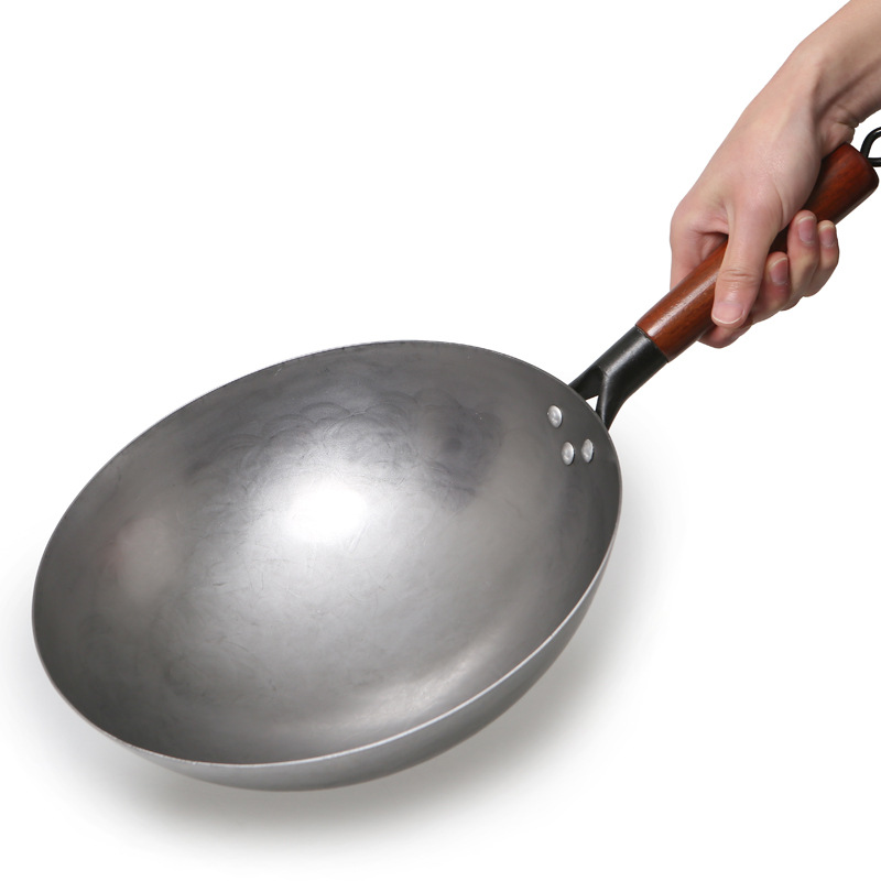 Wok Burner Traditional Authentic Hand Hammered Cast Iron Round Bottom Stir Fry Pans Wood Handle Wok Pan