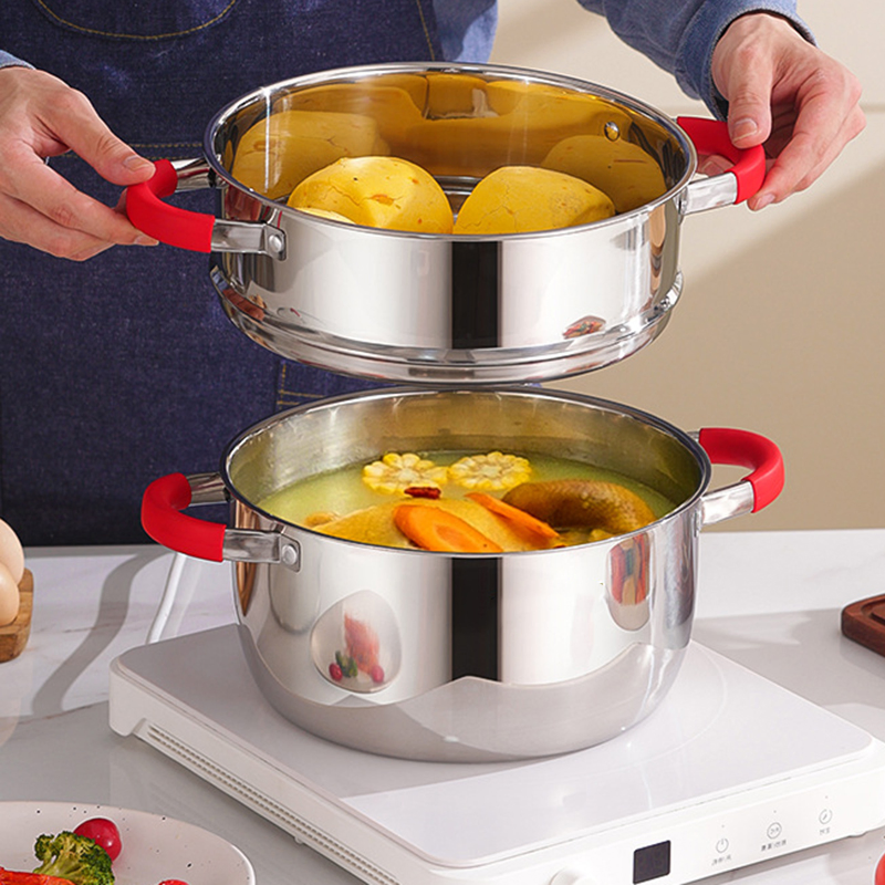 16 Pieces Stainless Steel Pot Set with Red Silicone Handle Non Stick Cookware
