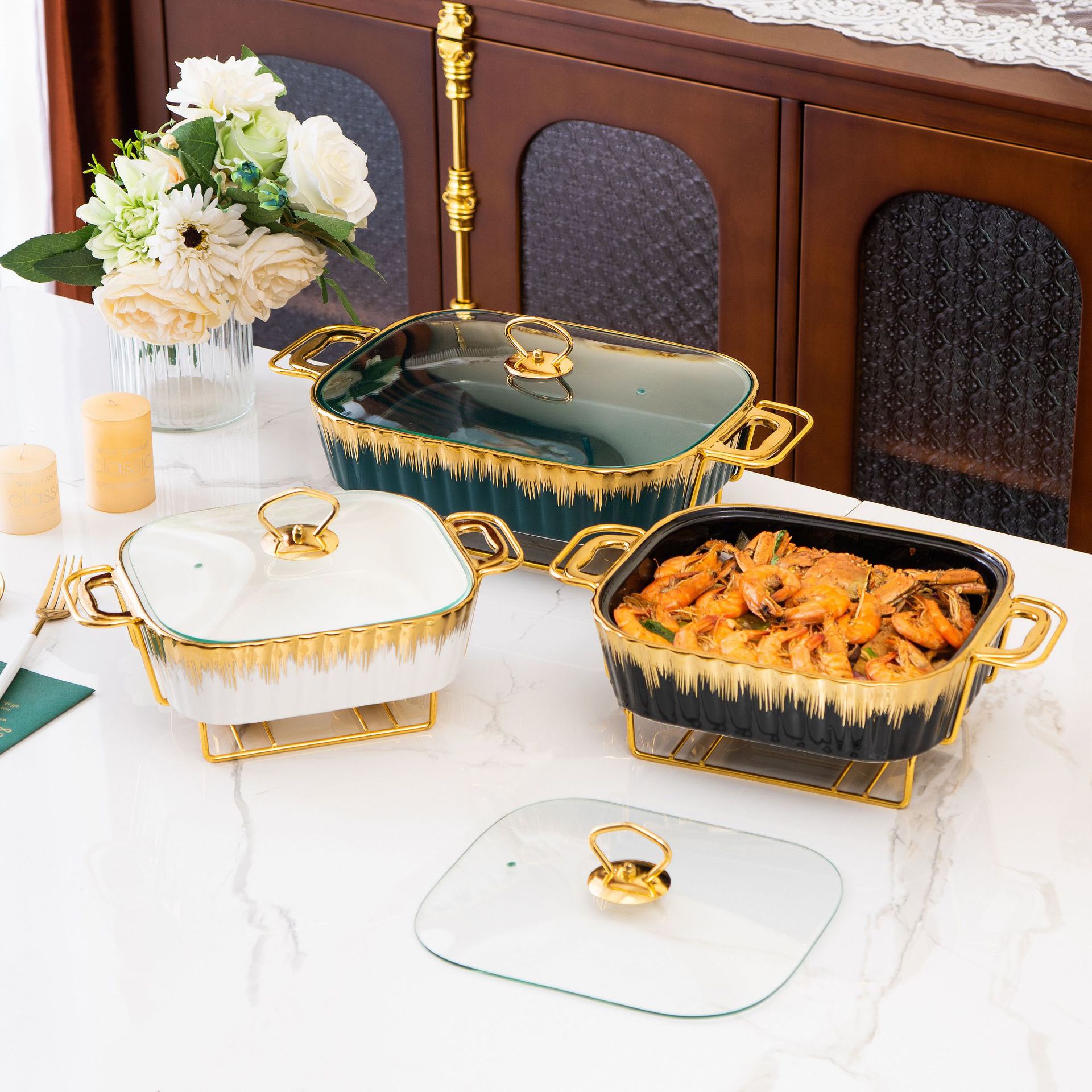 Luxury Hotel &amp; Restaurant Serving Dishes Ceramic Casserole Hotpot Food Warmer for Catering