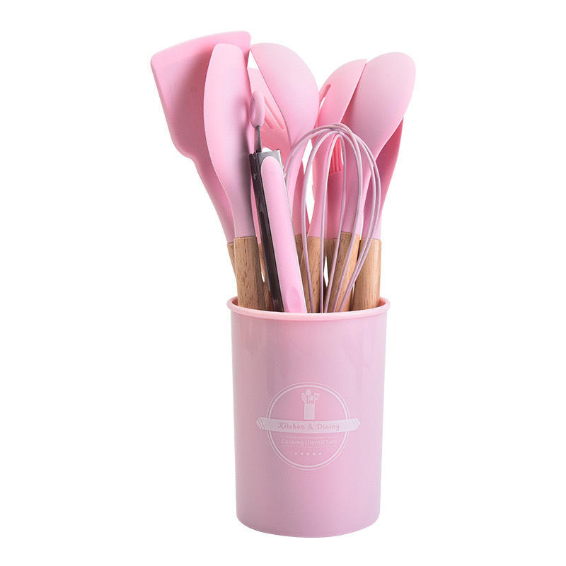 Wholesale Safe Heat Resistant Silicone Kitchenware Anti-Slip Bakeware Set with Wooden Handle