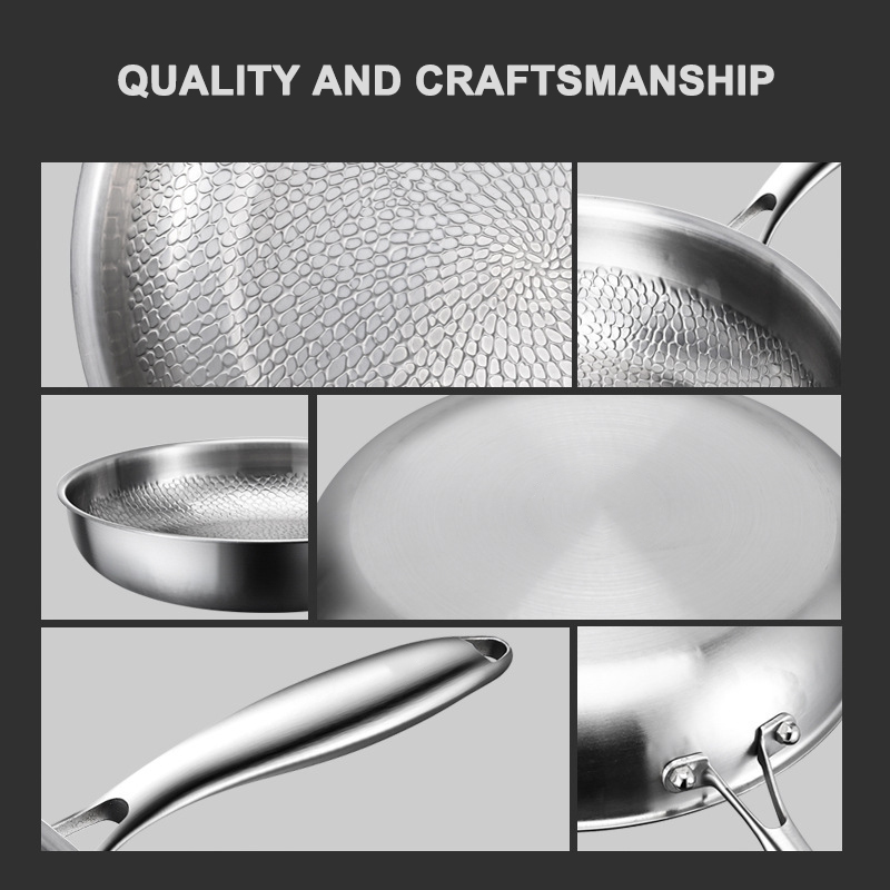 26/28/30cm No Coating Non Sticky Fry Pan Kitchen Cooking Food Grade Stainless Steel Titanium Hammered Frying Pan With Lid