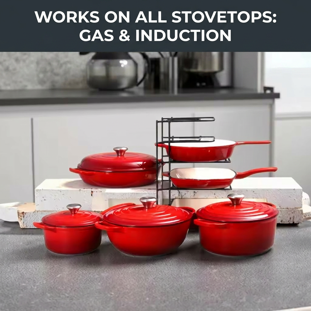 Premium 7-Piece Cast Iron Cookware Set Non-Stick Dutch Oven Skillet Multi-Functional Kitchen Casserole All Stovetops Modern