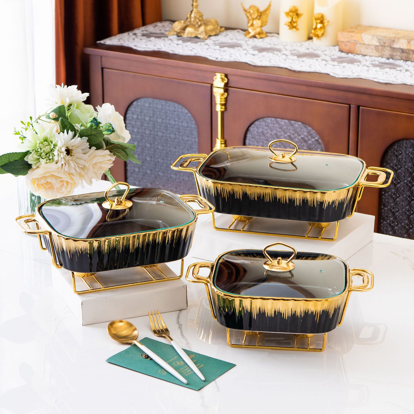 Luxury Hotel &amp; Restaurant Serving Dishes Ceramic Casserole Hotpot Food Warmer for Catering