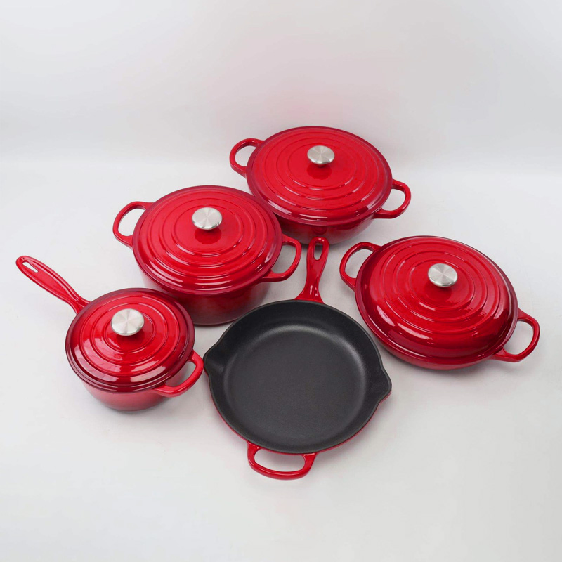 Enameled Cast Iron Dutch Oven Cooking Pot and Pan Cookware Set Hot Sale 5PCS Metal Brown Box Classic Sustainable with Pot Cover