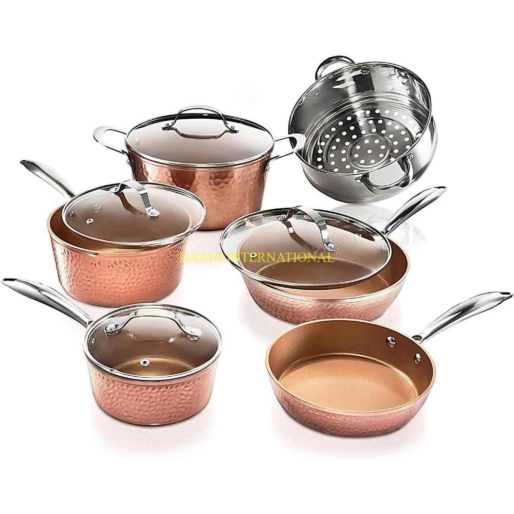 Hammered Stainless Steel Cookware Set with Golden Handles Durable Pots and Pans Collection for Professional and Home Kitchens