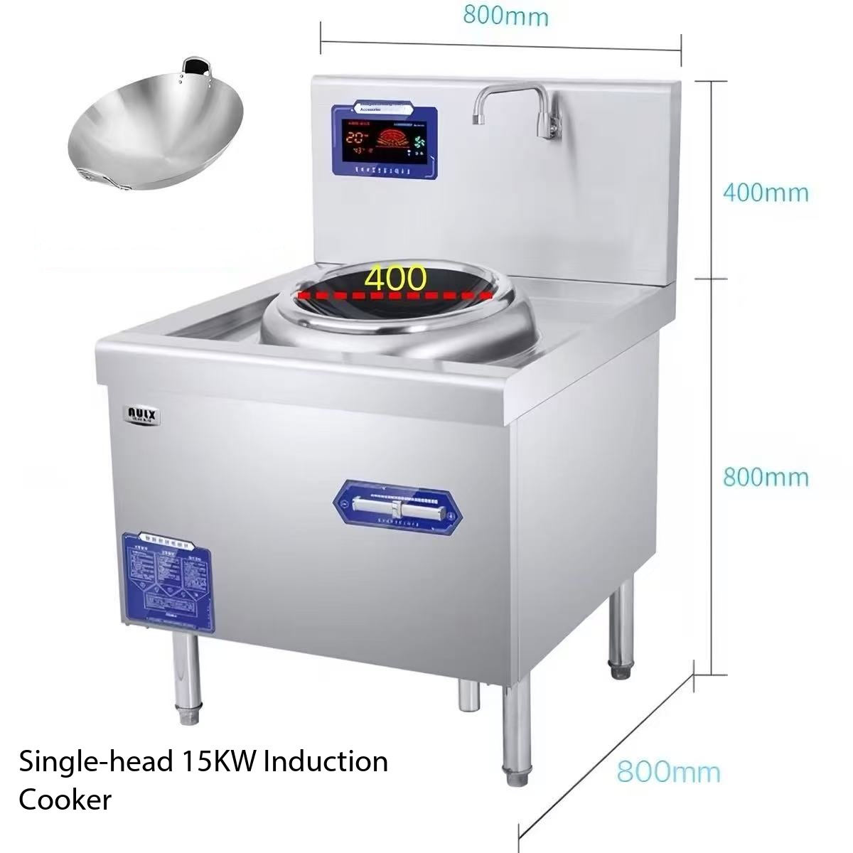 RUIX MC-XC15C-00 15KW Stainless Steel 380V Stand-Alone Commercial Induction Wok 400mm with Faucet for Chinese Restaurant