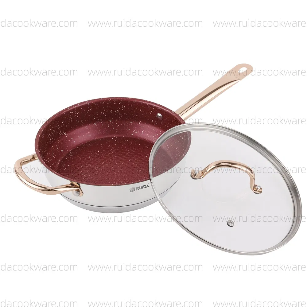 8PCS Cookware Set Copper Handle Flat Glass Lid Red Coating Frypan