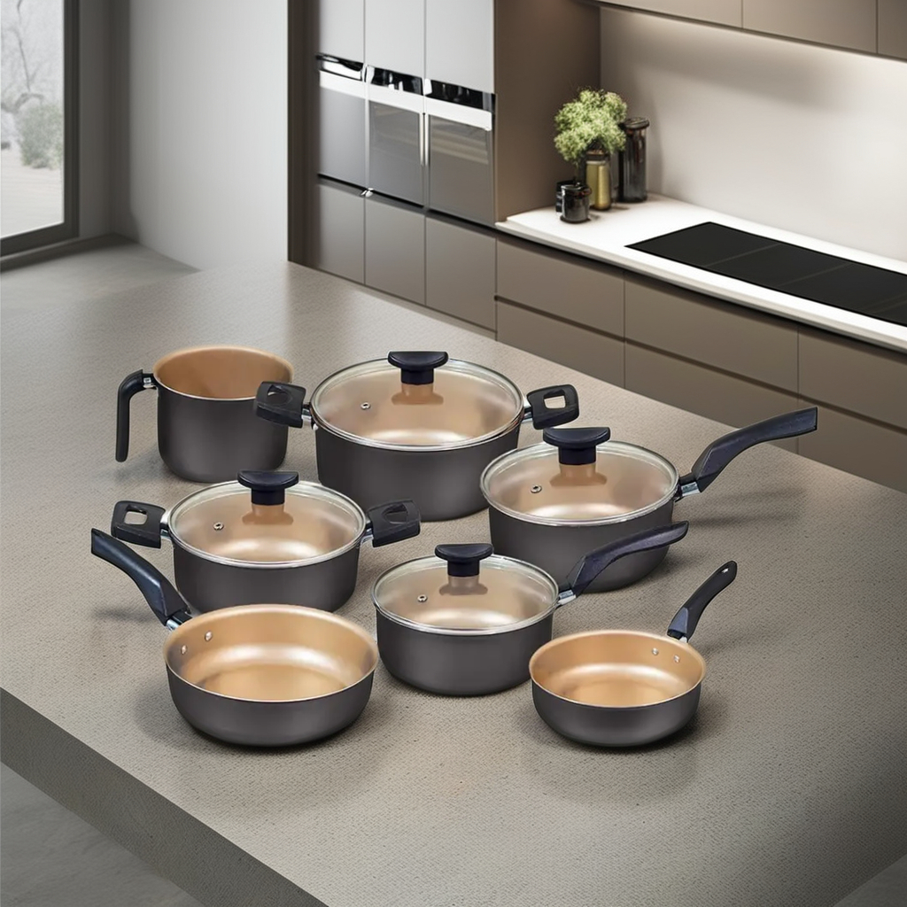 Factory-Direct Classic 11-Piece Durable Aluminum Pressed Healthy Non Stick Cookware Set with Glass Lids and Plastic Handles