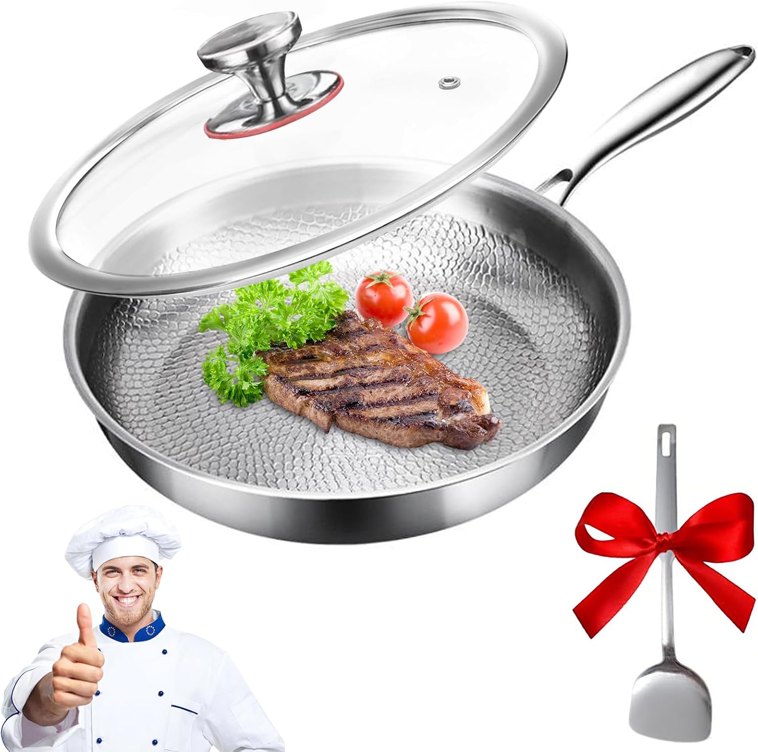 20/24/26/28cm Cooking Frying Pan Non-stick Triply TitaniumPan No Coating Hammer Pattern Titanium Pan with Lid