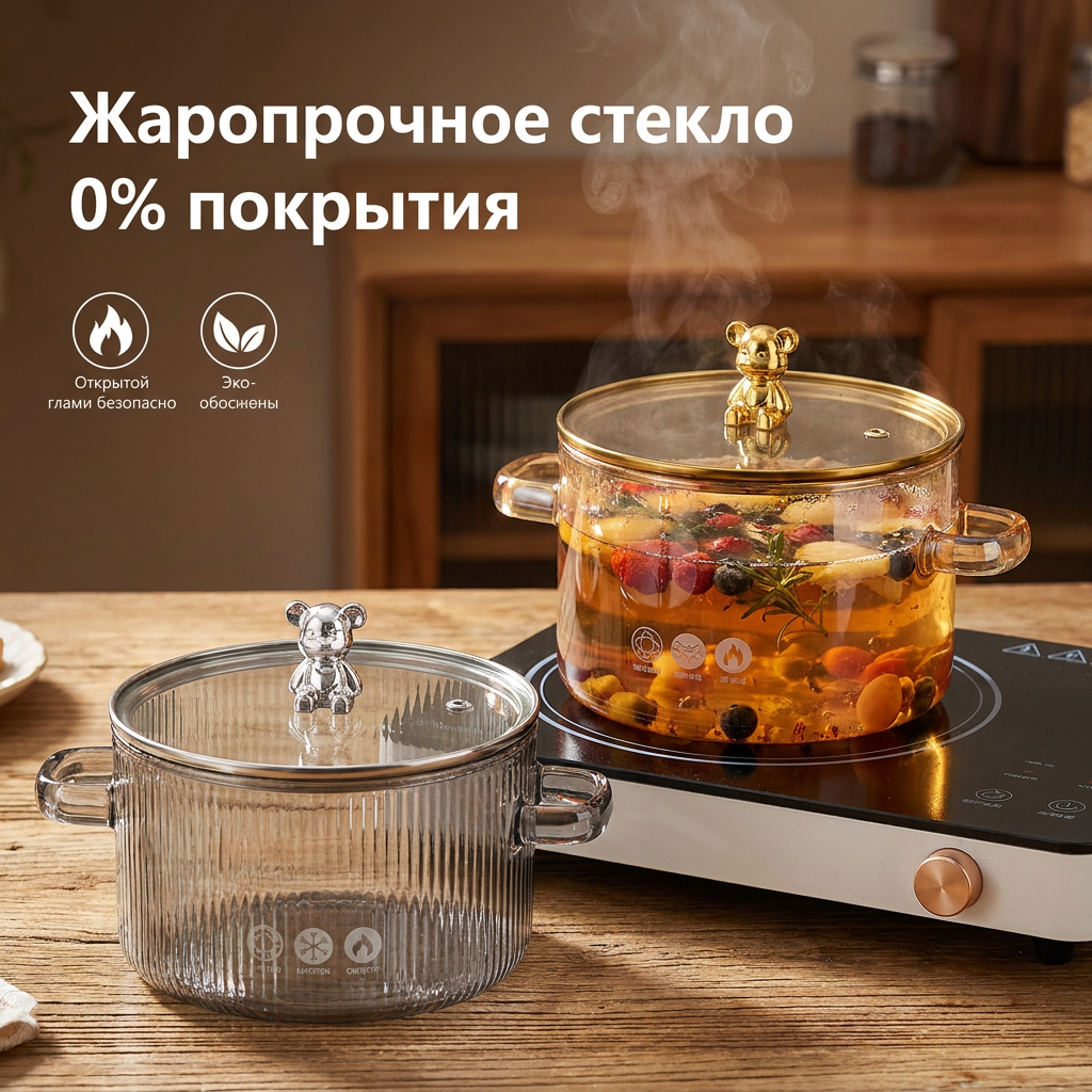 1.5L High Quality Bear Kitchen Heat Resistant High Borosilicate clear Glass Cooking Pot