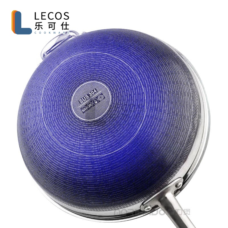 LECOS Best Selling Master Chef Home Cooking Stir Fry Wok Honeycomb Tri Ply Non Stick Coating Stainless Steel Wok Pan with Lid