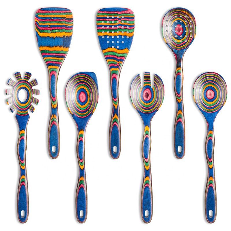 Blue Pakka Wood Utensils Set of 7 Eco-Friendly Kitchen Cookware with Acacia Wood Handle New Design