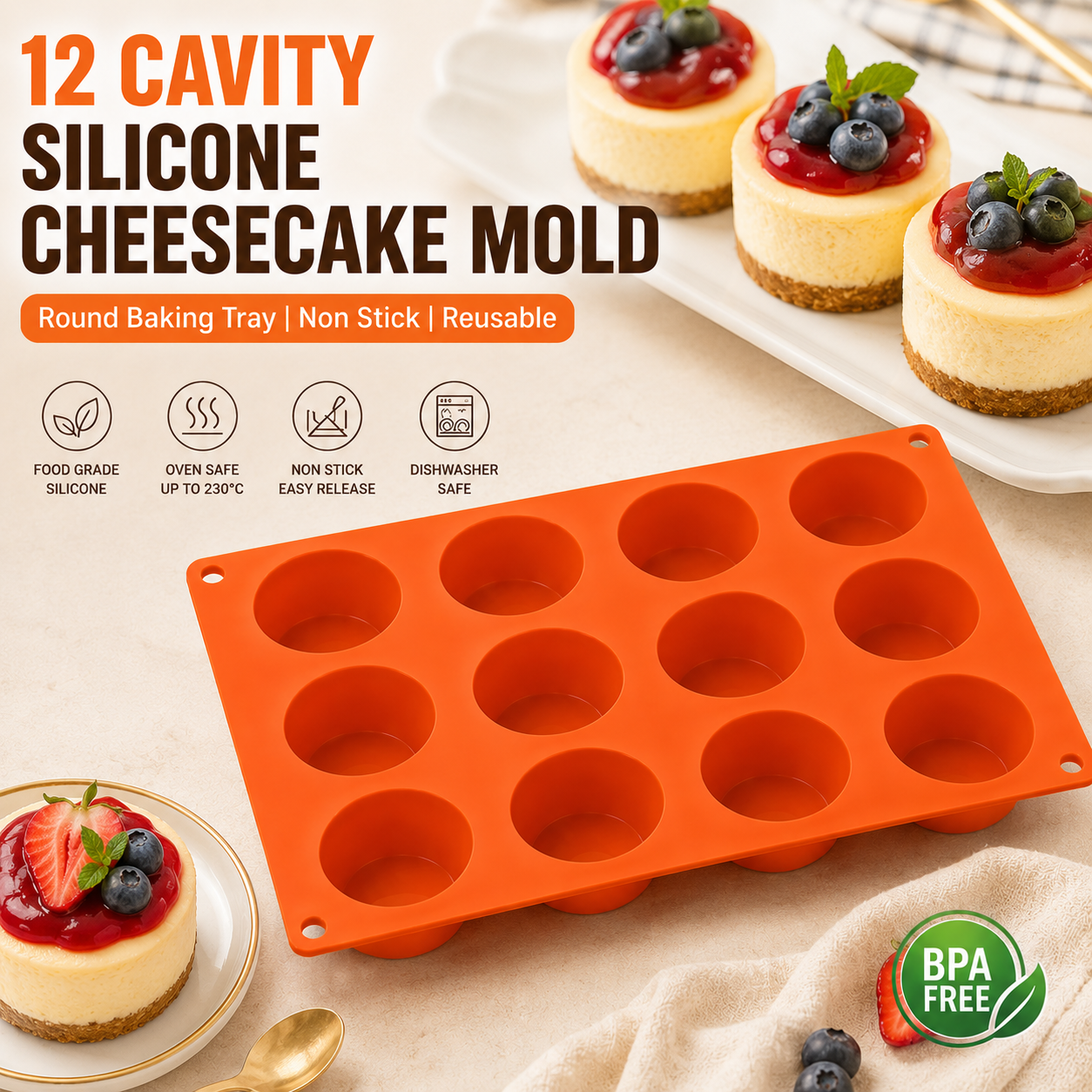 12 Cavity Silicone Cheesecake Mold Round Baking Tray Non Stick Reusable Bakeware for Dessert Bakery Kitchen Use