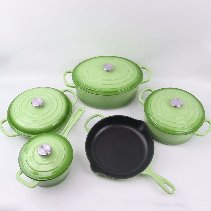 Enameled Cast Iron Dutch Oven Cooking Pot and Pan Cookware Set Hot Sale 5PCS Metal Brown Box Classic Sustainable with Pot Cover