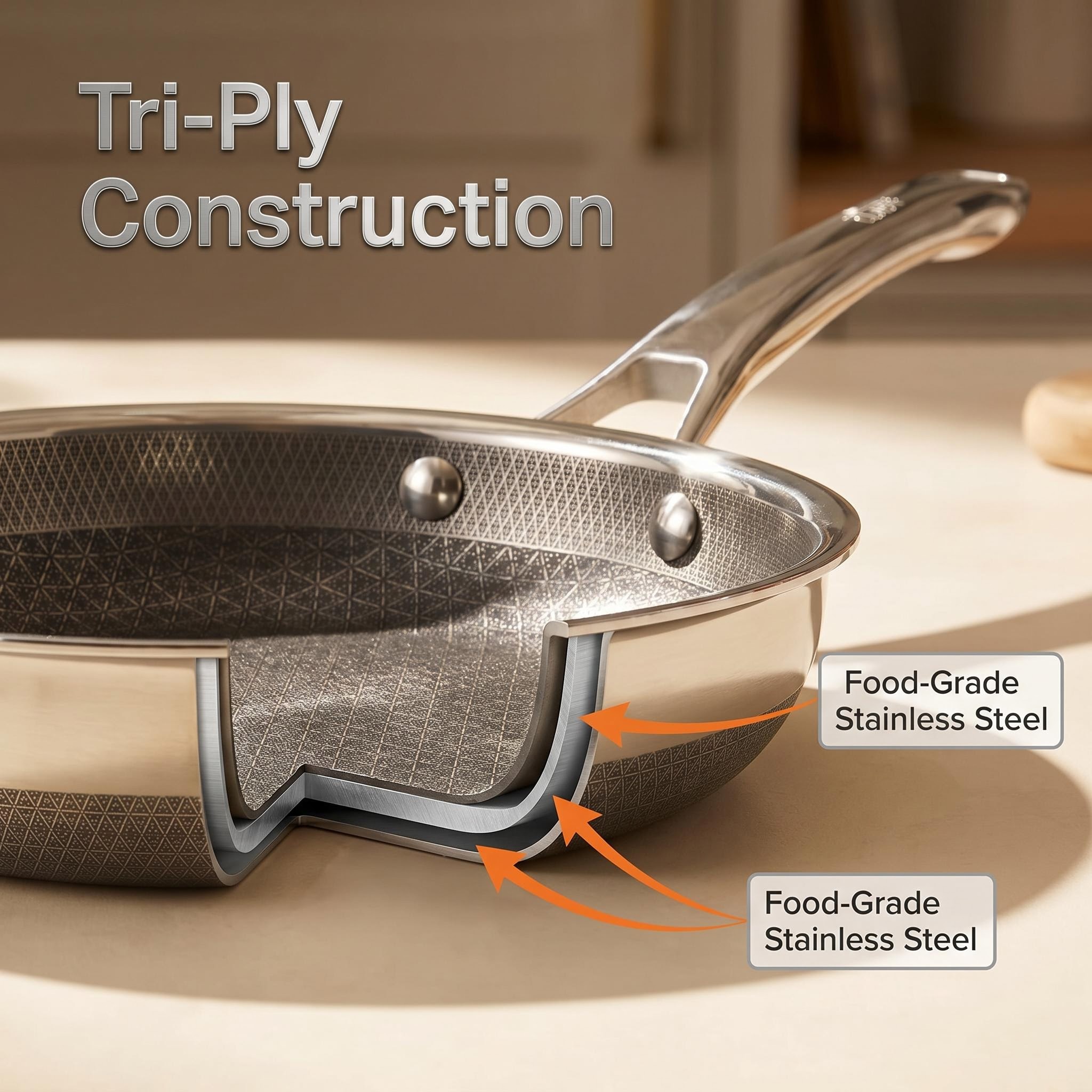 Hot Sale Custom Brand 304 3-Ply Stainless Steel Non Stick Double-sided patterned Frying Pan With Handle