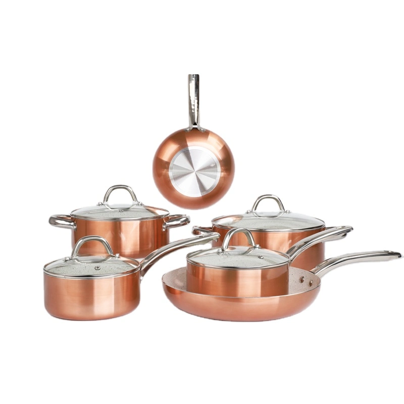 10PCS Copper Pots Pans Set Non-Stick Surface Metallic Cookware with Induction/Spiral Bottom