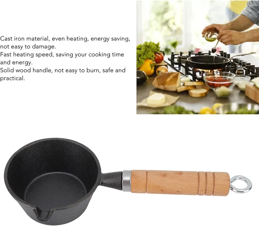 Small Oil Pan Mini Cast Iron Frying Pan Non-Stick Fried Egg Dumpling Pre-Seasoned Saucepan Wooden Handle