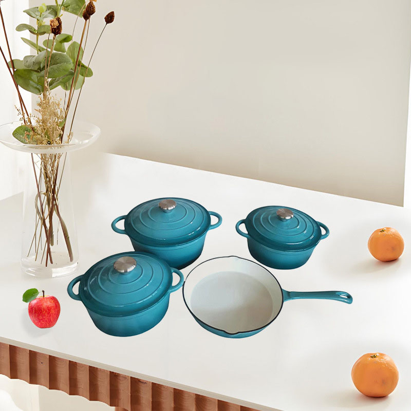 4PCS Enamel Dutch Oven Cookware Set Cast Iron Casserole Cooking Pot