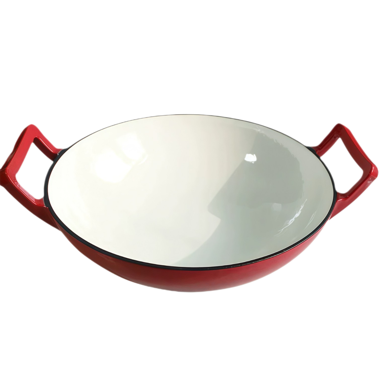 Gloss Red Enamel Cast Iron Wok Double Handle Induction Gas Compatible Chinese Frying Pan