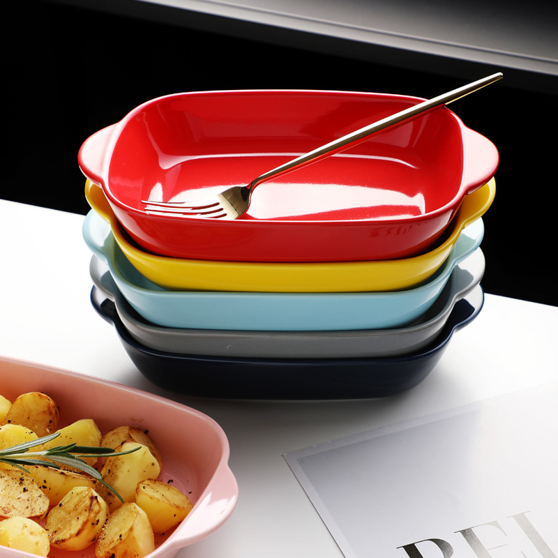 Colorful Glaze Ceramic Eco-Friendly Disposable PTFE Coated Baking Dish Set Double-Handle Tray Pizza Pan for Oven Home Kitchen