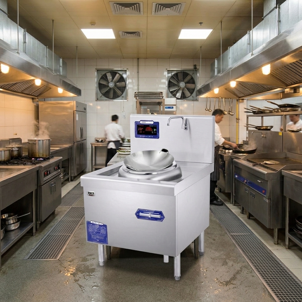 RUIX MC-XC15C-00 15KW Stainless Steel 380V Stand-Alone Commercial Induction Wok 400mm with Faucet for Chinese Restaurant