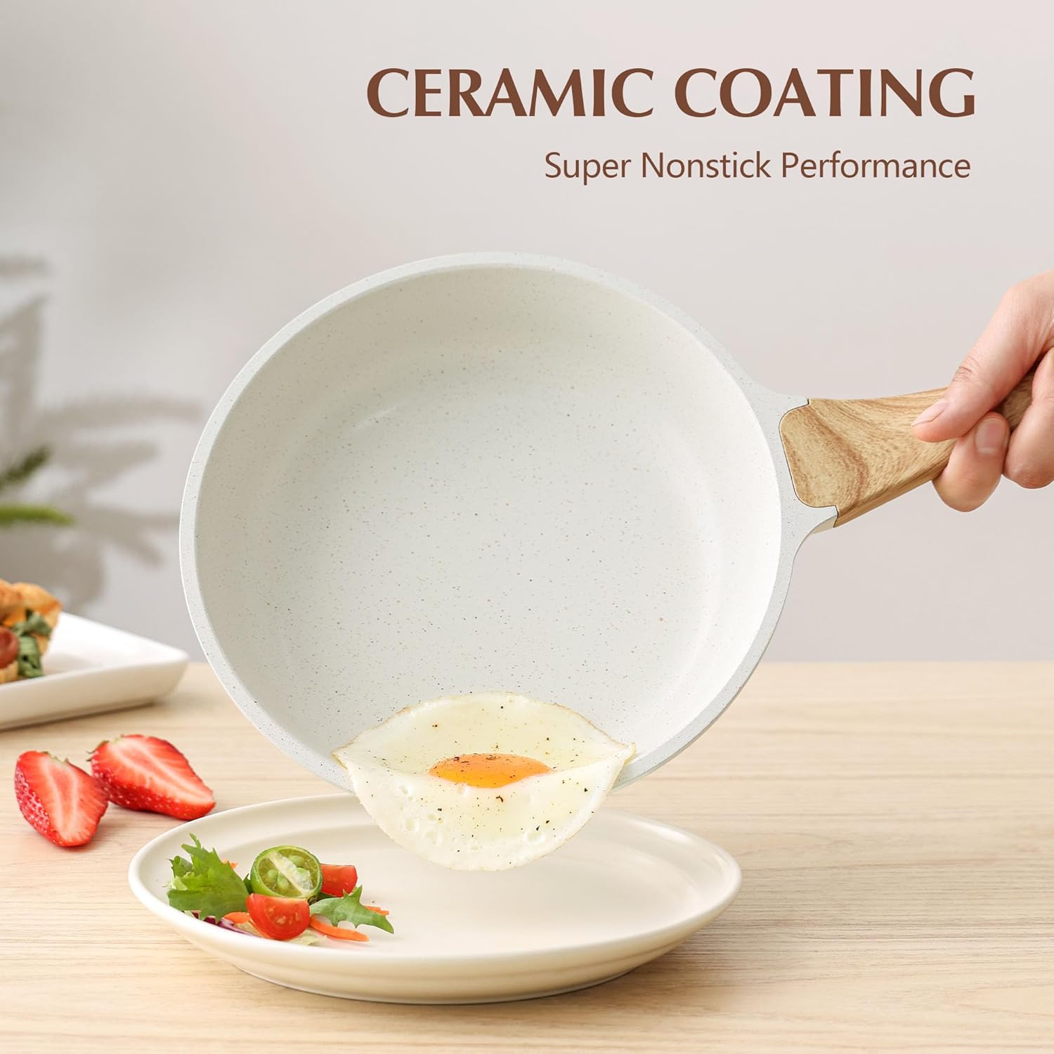 SENSARTE Nonstick Ceramic Frying Pan Skillet Set Glass Lid Induction Compatible Heat Resistant Plastic Handle 8-12.5 Inch Sizes